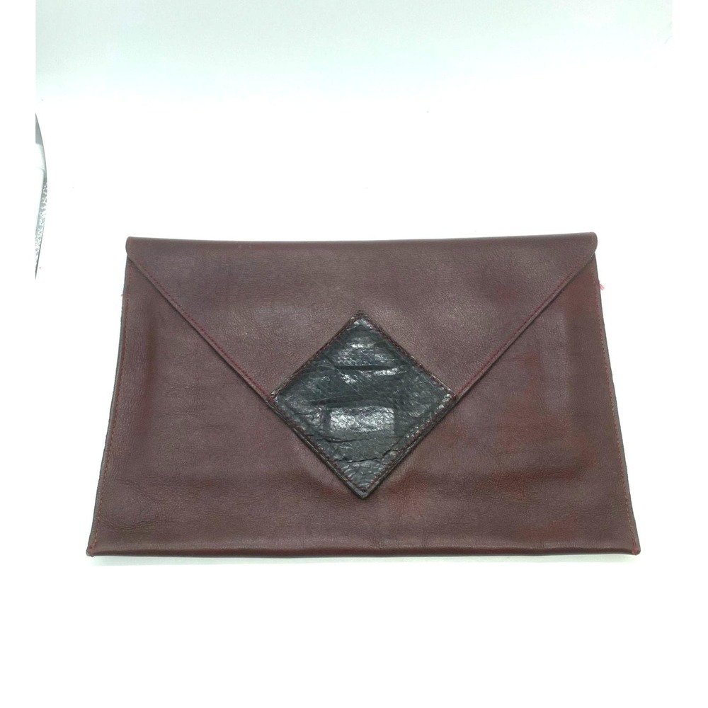 Vintage‎ Burgundy Leather Envelope Clutch Bag textured Diamond Inlay V-Flap